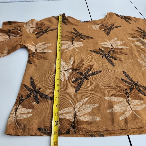 ELENA BALDI Italy Women's 100% Linen Dragonfly Ruffle Sleeve Top Brown Tan Sz S - Picture 11 of 11